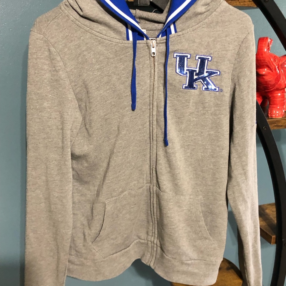 PINK Victoria's Secret Gray Zip-Up Varsity Hoodie with Blue Trim